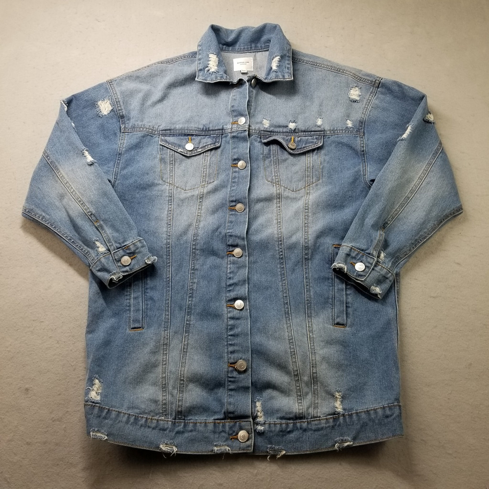 Active USA Denim Jean Jacket Size L Blue Distressed Look Long Cotton